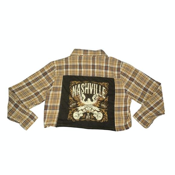 Altar'd State Tops - Altar'd State Nashville Graphic Cropped Plaid Flannel Shirt Brown Small Western